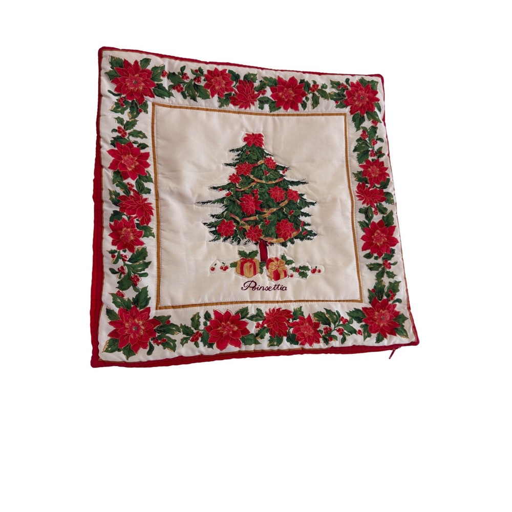 Vintage Christmas Poinsettia Tree Quilted Pillow Cover Red Cream‎ 16x16 Zipper